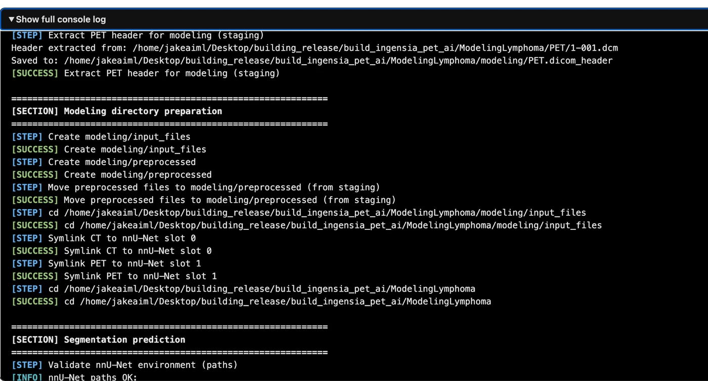 Console log output from the sample PET/CT report