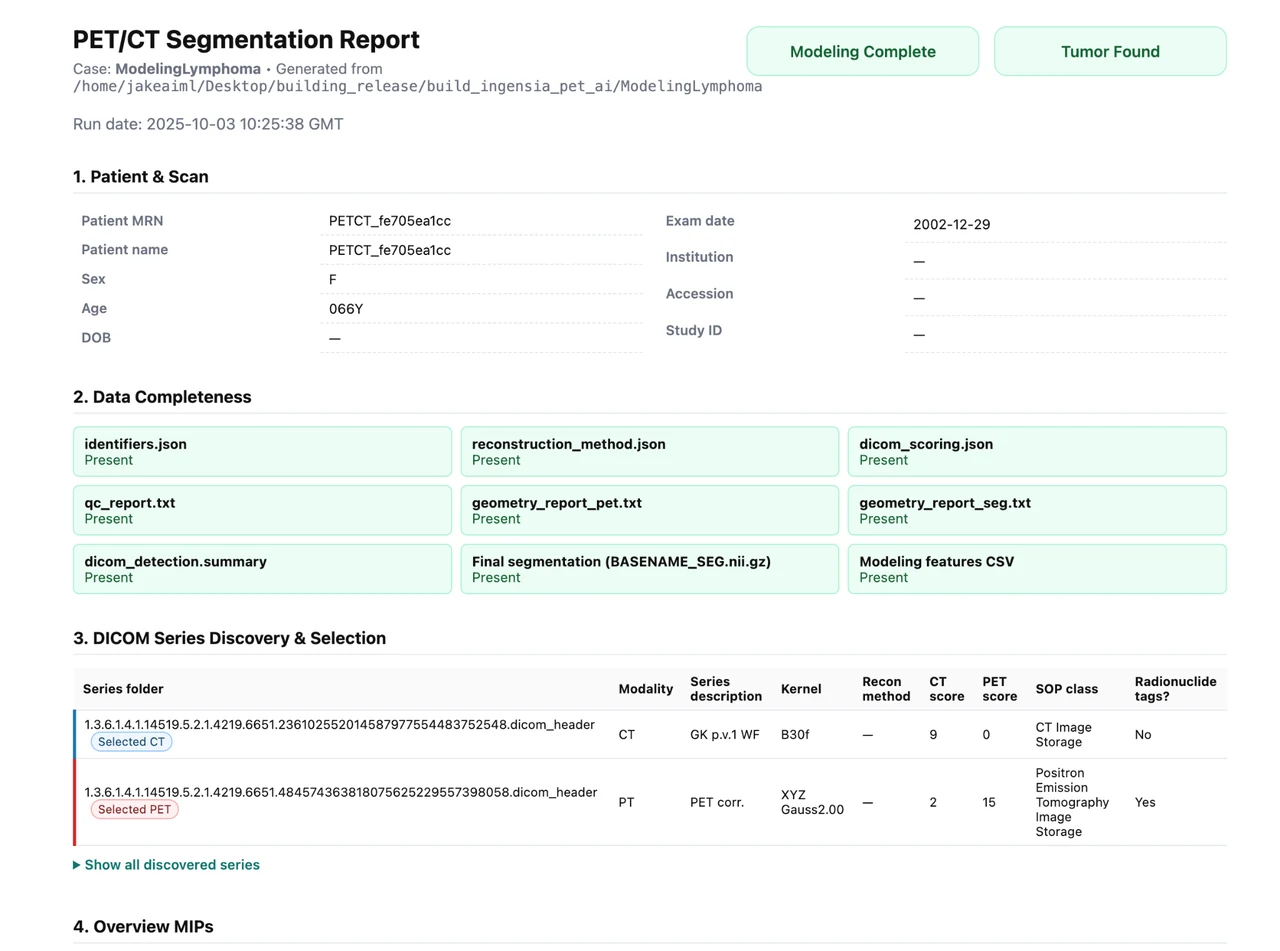 Overview page from the sample PET/CT report